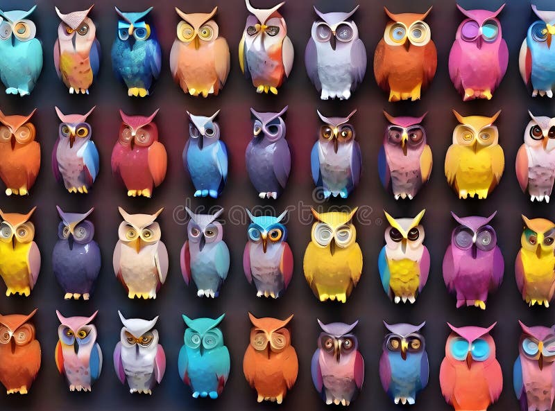Bufnițe 3d colorate pe fond vopsit. royalty free illustration