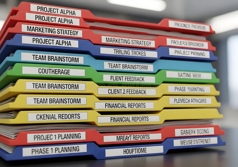 Colorful labeled folders stacked with precision representing organized teamwork, shared documentation, and structured workflow in vector illustration