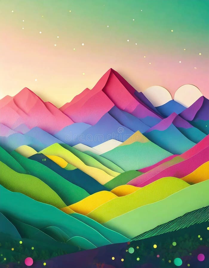 A Colorful Landscape, Layered Paper Style. Stock Illustration