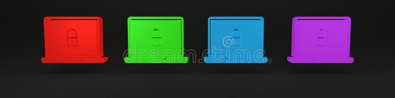 Colorful Laptop and lock icon isolated on black background. Computer and padlock. Security, safety, protection concept stock illustration