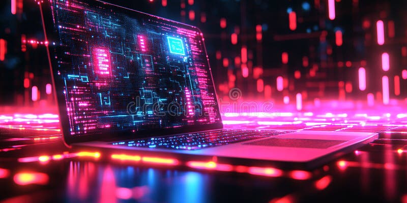 Colorful laptop with vibrant digital patterns illuminating a dark background in a futuristic setting royalty free illustration