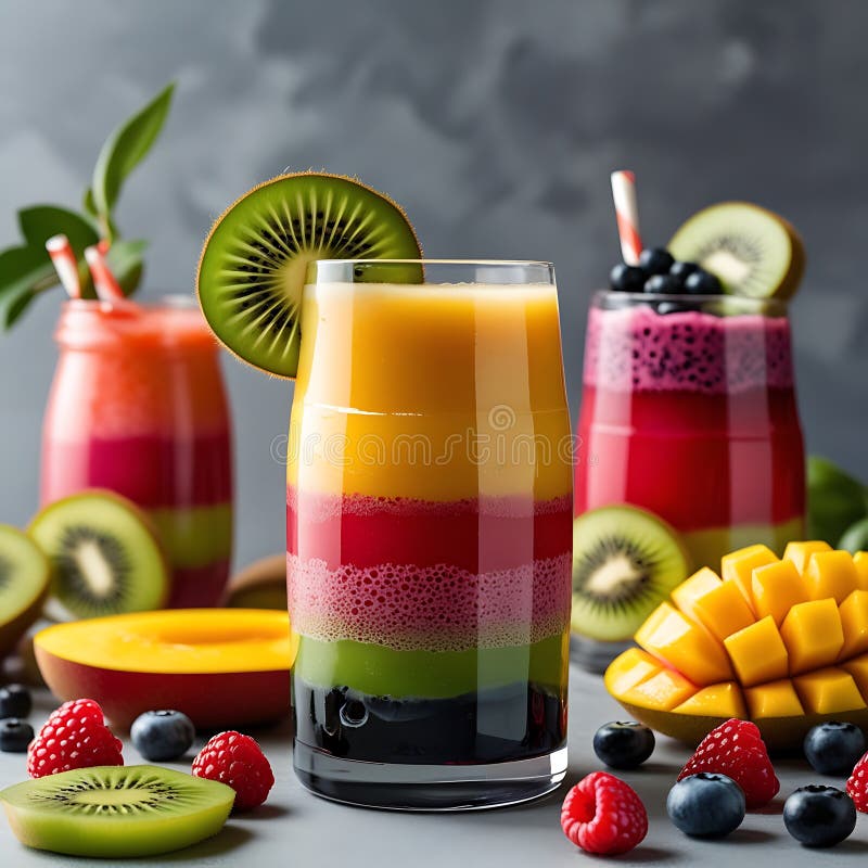 Colorful layered fruit smoothies in glasses royalty free illustration