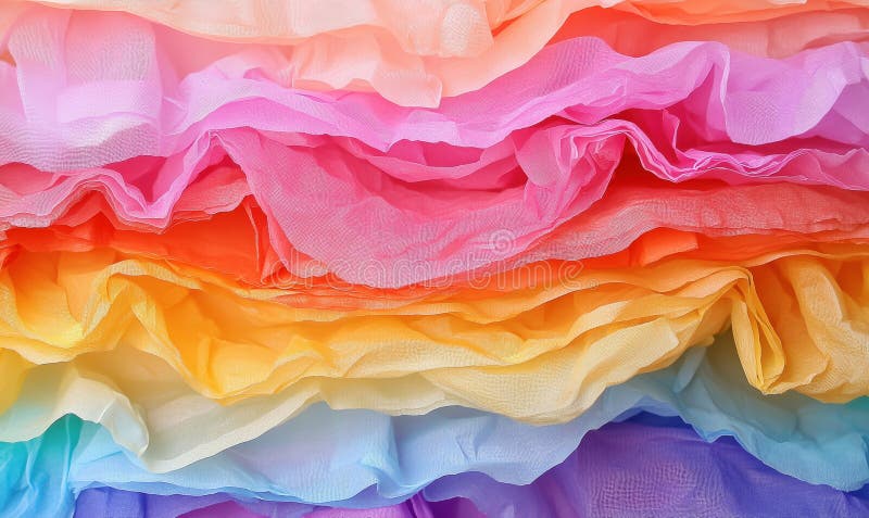 Colorful layers of ruffled fabric in vibrant rainbow hues for creative projects stock photography