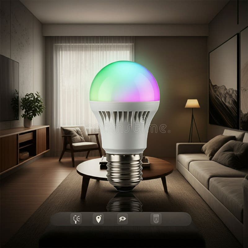 A colorful LED smart bulb floats prominently in a modern living room. The bulb royalty free illustration