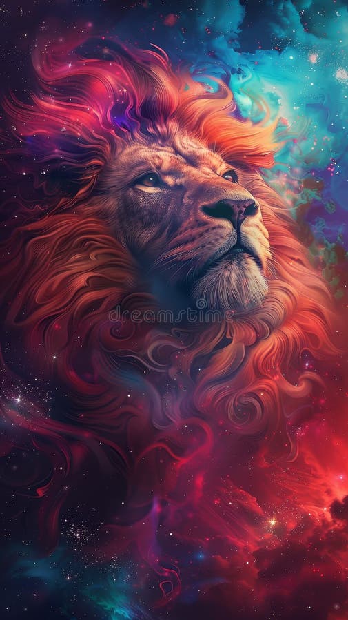 A Colorful Lion with a Red Mane and a Blue Background Stock Image