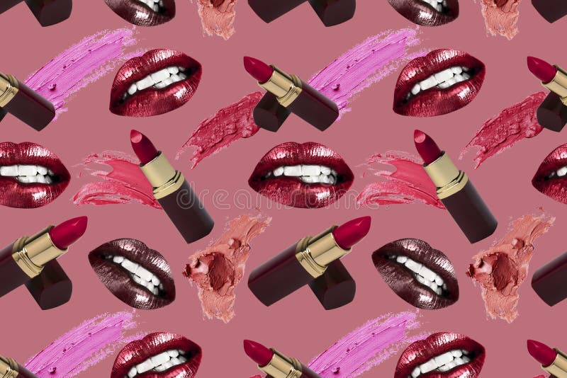 Colorful Lipsticks, Lip Gloss, Lips and Smears Seamless Pattern Stock ...