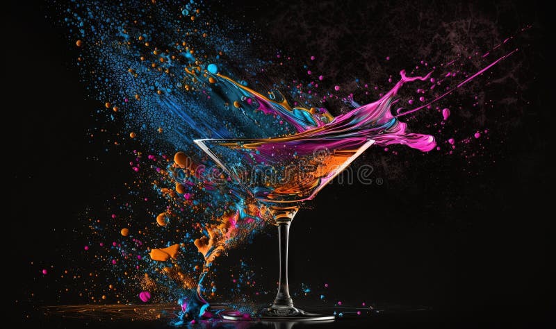 A colorful liquid splashing into a martini glass on a black background vector illustration