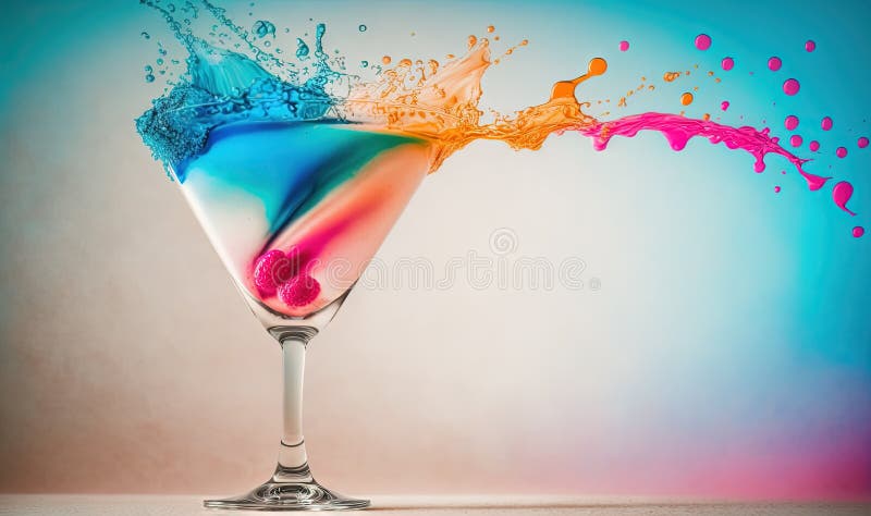 A colorful liquid splashing out of a martini glass into the air royalty free illustration