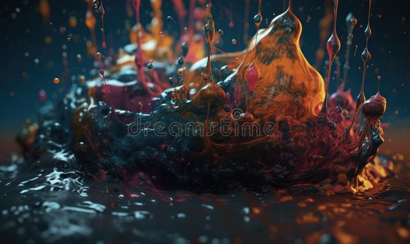 A colorful liquid splashing on top of a black surface stock illustration