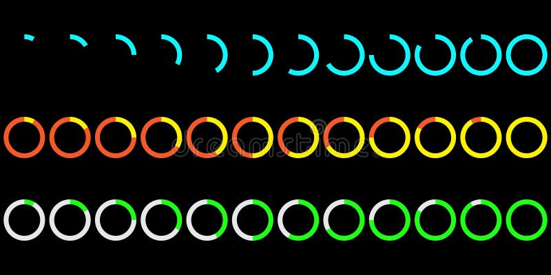 Colorful loading icons. Progress circle set. Various colors shown. Vector design. stock illustration