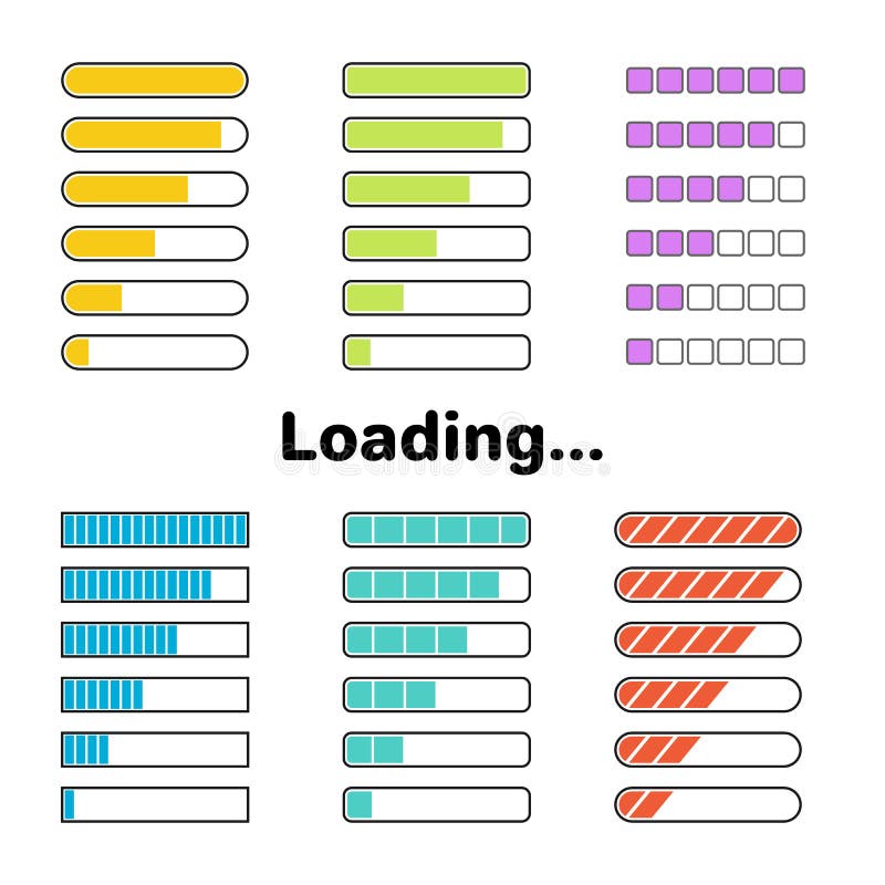 Colorful loading or progress bars set. Different type web UI elements. Vector design stock illustration