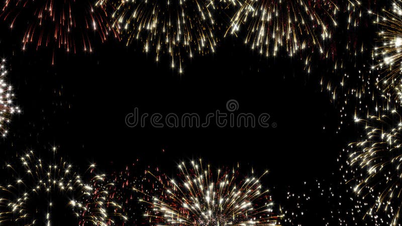 Colorful looping animated fireworks, black background copy text space for message or logo type. Festive events: Christmas