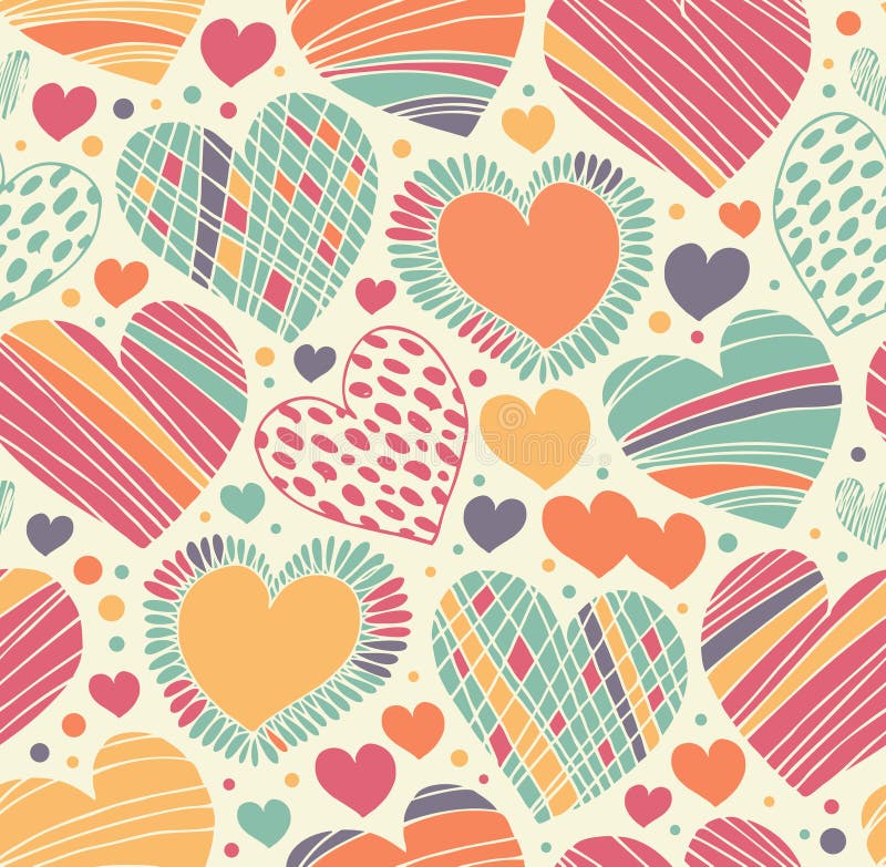 Colorful love ornamental pattern with hearts. Seamless scribble background.
