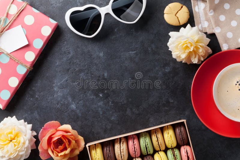 Colorful macaroons, coffee. Sweet macarons royalty free stock image Colorful macaroons, coffee. Sweet macarons royalty free stock image