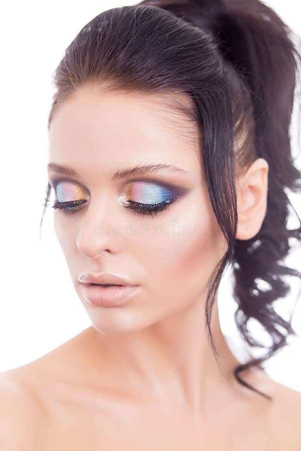 Colorful Make-up Woman Face, Beautiful Brunette Summer Makeup, Beauty ...