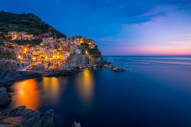 Colorful Manarola Village In Cinque Terre Italy At Night Stock Image