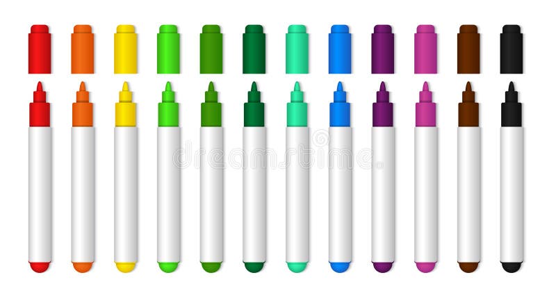 Colorful marker pen for school or kids. Realistic highlighter pencil of yellow, black, green, blue, orange color for drawing.