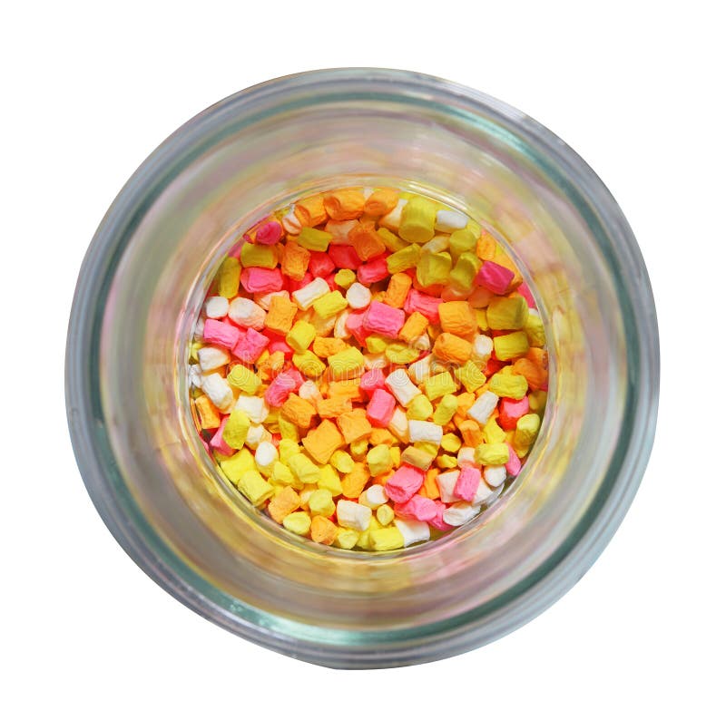 Colorful Marshmallow in Glass Jar on Isolated White Background. Stock
