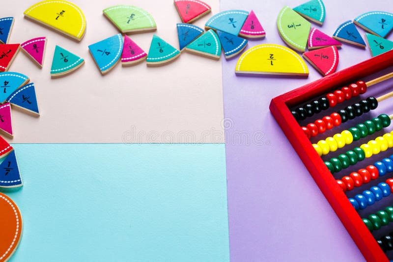 Colorful Math Fractions on the Yellow and Blue Bright Backgrounds.  Interesting Math for Kids Stock Image - Image of digital, decorative:  135960025
