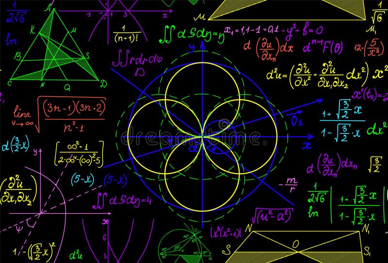 Colorful math vector seamless background with handwritten multicolored formulas, figures and calculations stock illustration