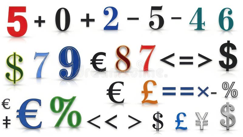 Colorful mathematical symbols and currency signs royalty free illustration