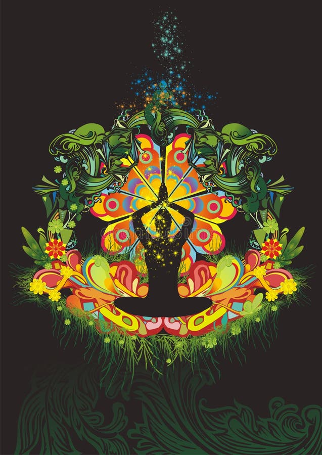 Una meditazione silhouette seduto nella posizione del loto, circondato da colorati organici ornamenti.
