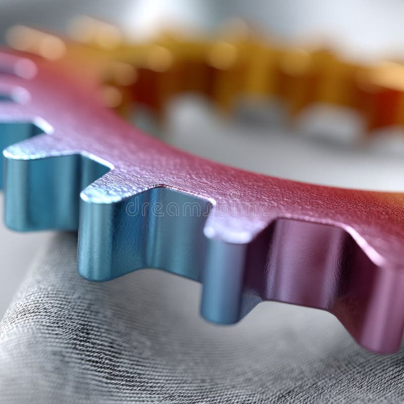 Colorful metallic gear on a textured gray surface stock image