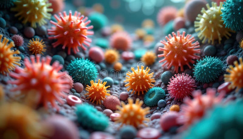 Colorful microbes interact intricately with human cells. Microbiota forms complex symbiotic relationships. Visualizes diverse vector illustration