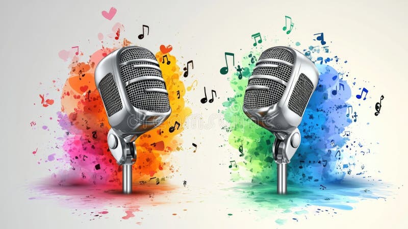 Colorful microphone duet with vibrant music notes and splashes stock images