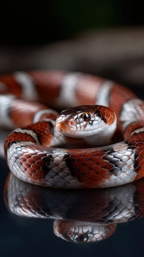Colorful Milk Snake Coiled Close Up Reflective Surface Pet Reptile Red White and Black Serpent Scales Animal Wildlife royalty free stock photo