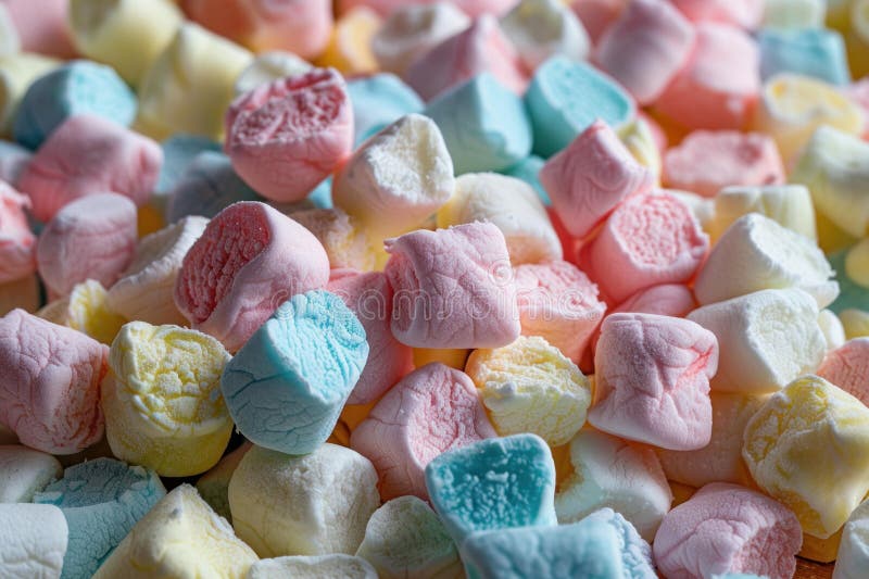 Colorful mini marshmallows forming appealing full frame background. Close up image of colorful mini marshmallows forming an appealing full frame background AI generated