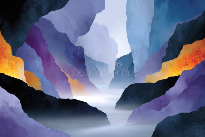 Colorful misty river flowing through abstract mountains stock illustration