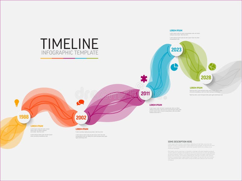 A modern colorful wavy timeline infographic template for presenting historical data, business progress, or project stages. Timeline infographic template for your data visualization design. Wavy timeline vectors