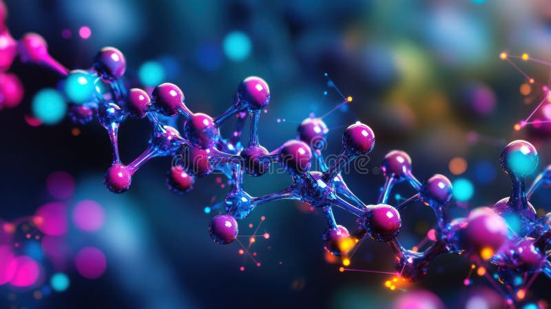 Colorful molecular chain structure rotating in a microscopic view stock illustration