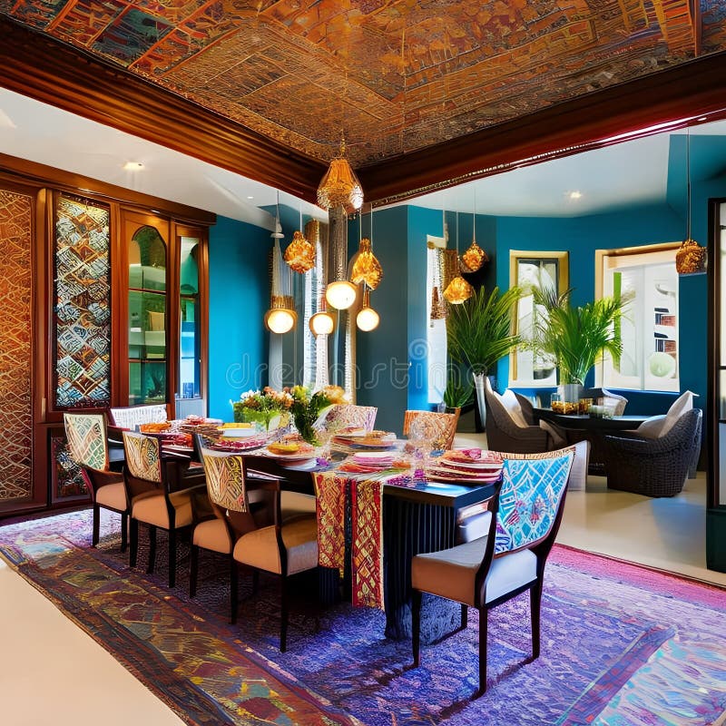 A Colorful, Moroccan-style Dining Room with Mosaic Tile Patterns, Rich Textiles, and Hanging ...