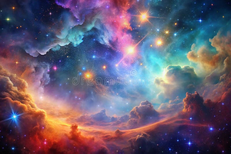 Colorful nebulae, cosmic clouds, starry night sky, space exploration vector illustration