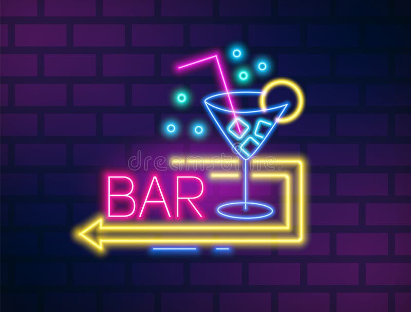 Colorful Neon Bar Signboard with Martini Glass and Arrow Vector Flat ...