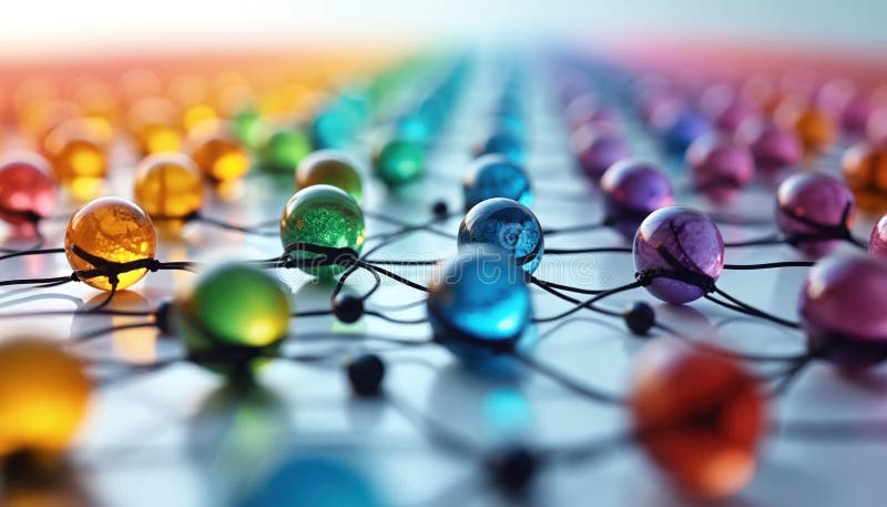 Colorful network of connected glass beads. Multicolored beads on black wires. Data management concept. Business information royalty free stock images