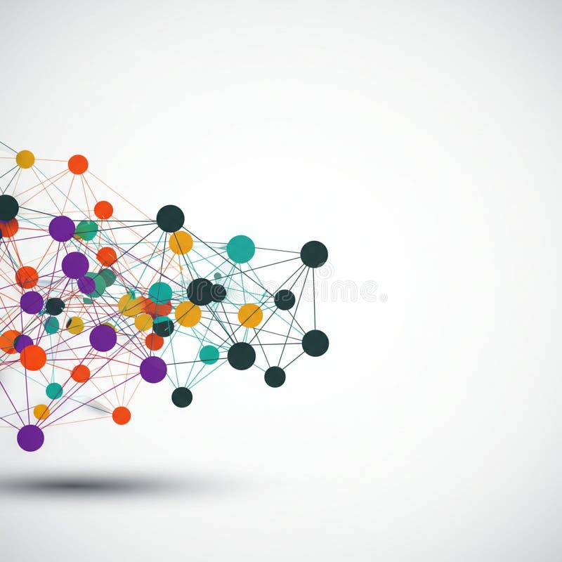Colorful network diagram with interconnected nodes. Nodes are circular, varying in vector illustration