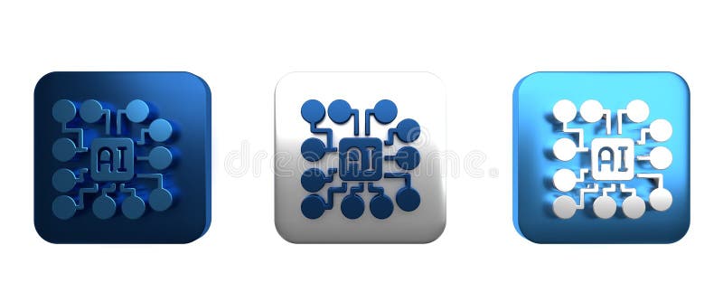 Pictograma rețea neurală colorată, izolată pe fond alb. inteligență artificială. buton pătrat 3d randare stock illustration