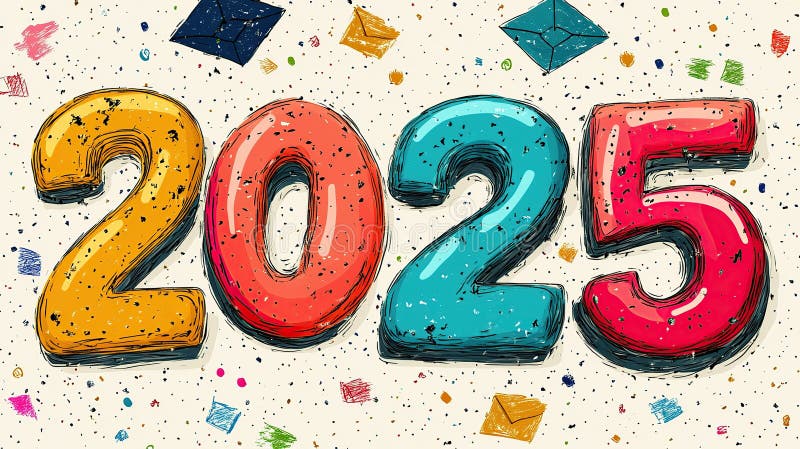 Colorful 2025 new year design with confetti and envelopes stock illustration