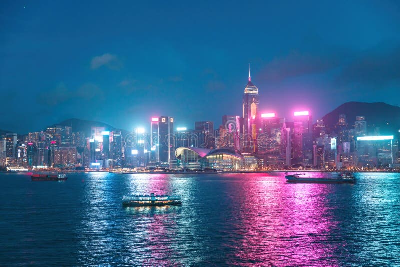 Colorful Night View of the Famous Tourist Location, Victoria Harbour