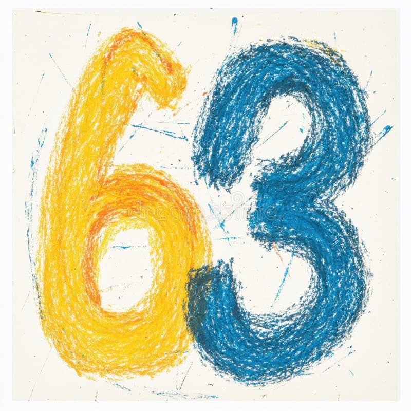 Colorful 63 number artwork with yellow and blue strokes stock image