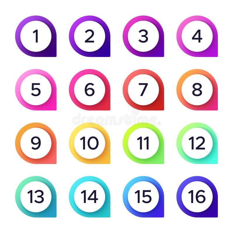 Colorful numbers. Vector set of number pointer for direction on map, counting order point with arrows illustration