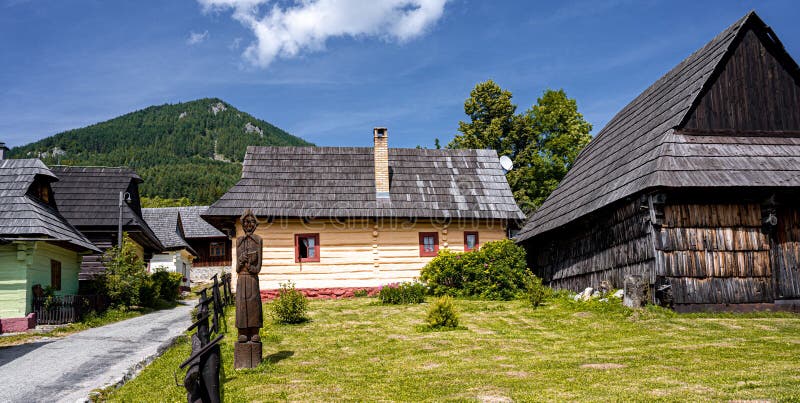 Colorful old wooden houses in Vlkolinec. Unesco heritage. Mountain village with a folk architecture. Vlkolinec, ruzomberok, liptov