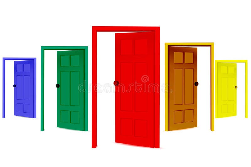 Illustration of colorful open doors on isolated background