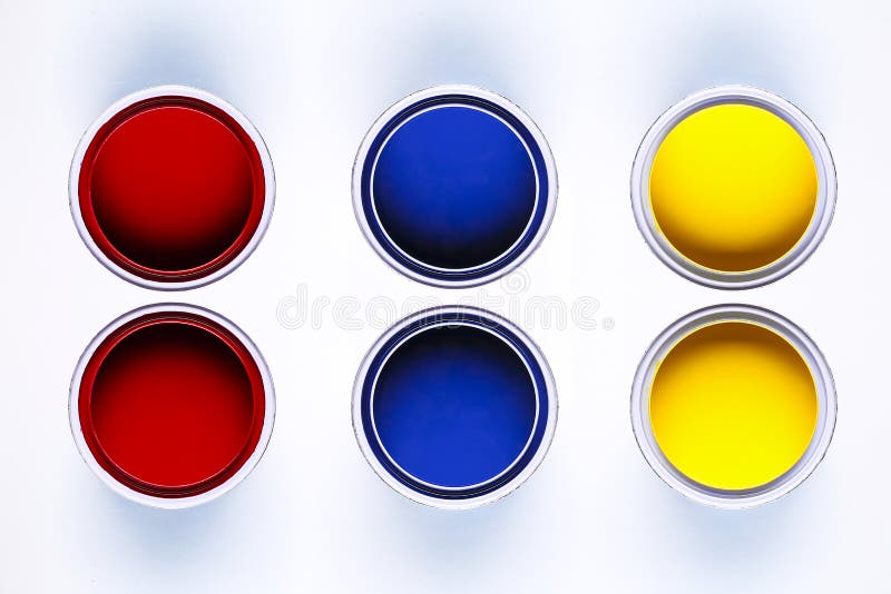 Colorful Open Paint Cans Red Blue Yellow Isolated on White Background