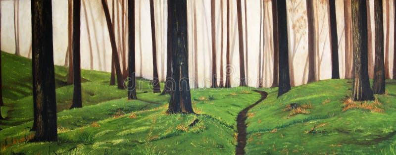 Colorato dipinto a olio originale di un bosco con un sentiero tra gli alberi.