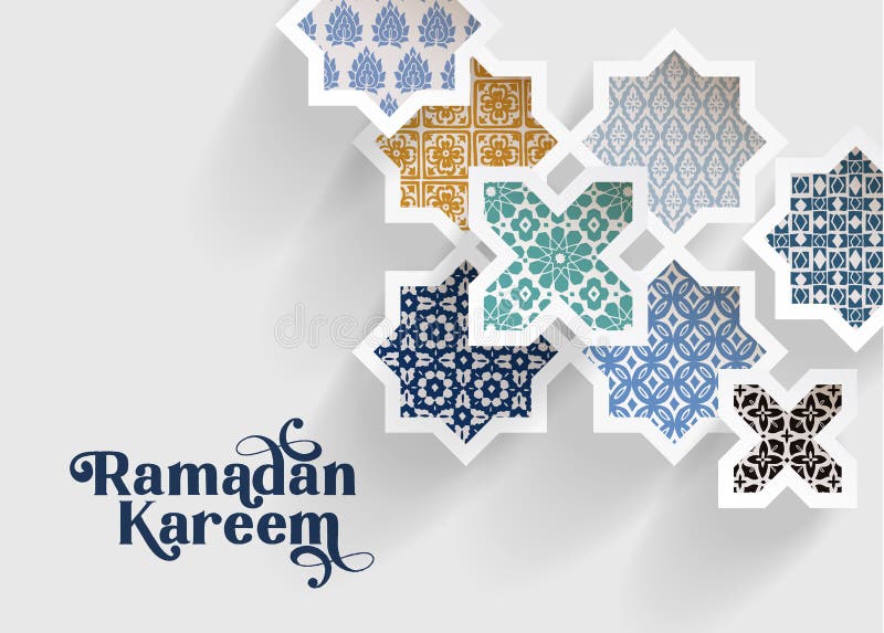 Colorful ornamental arabic tiles, patterns through white cut out stars, long shadows. Greeting card, invitation for vector illustration Colorful ornamental arabic tiles, patterns through white cut out stars, long shadows. Greeting card, invitation for vector illustration