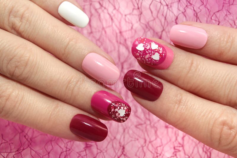 colorful oval pink burgundy manicure hearts 141671683